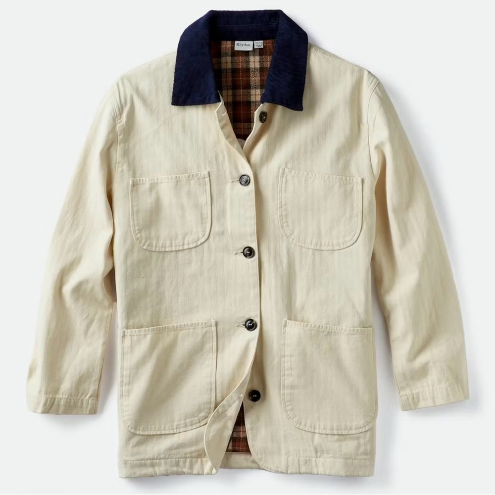 Rhythm Women’s Pearls Oversized Button Up Jacket Navy Collar Brown Plaid Size S